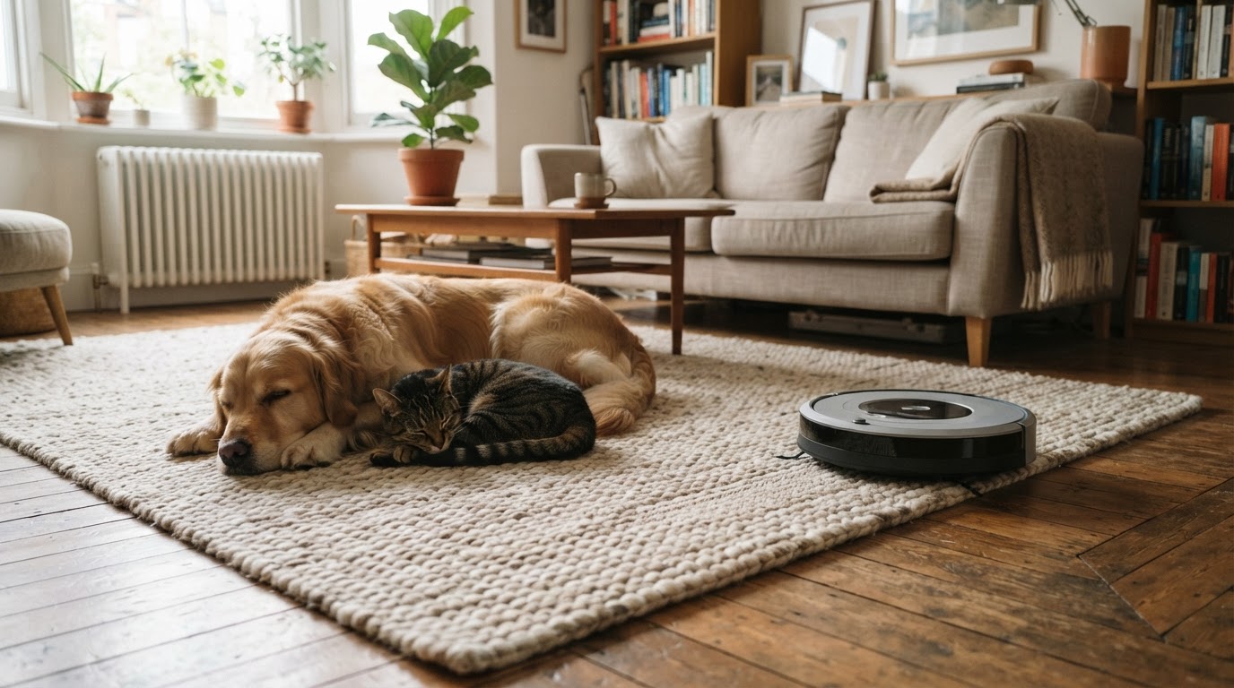 Choisir un robot selon son animal et son sol Chien et chat sur un tapis épais avec un robot aspirateur au bord du tapis
