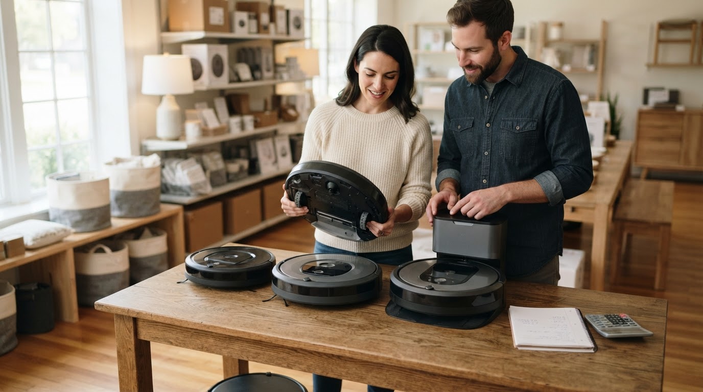 Comparer trois aspirateurs robots selon son budget Couple comparant trois aspirateurs robots de tailles différentes avec un carnet et une calculatrice