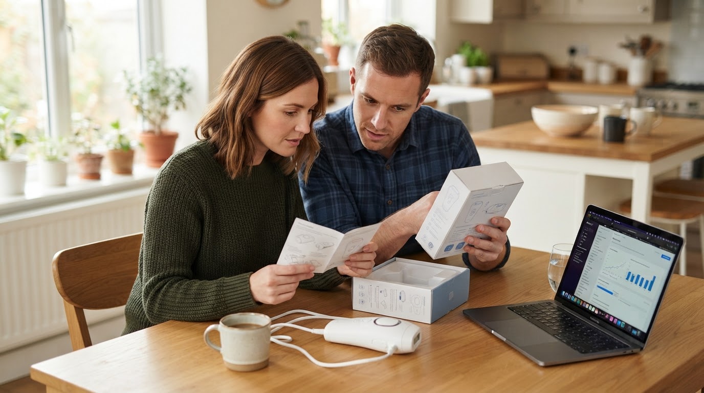 Comparer les critères avant d'acheter un épilateur Couple lisant la notice d'un épilateur à lumière pulsée avant achat