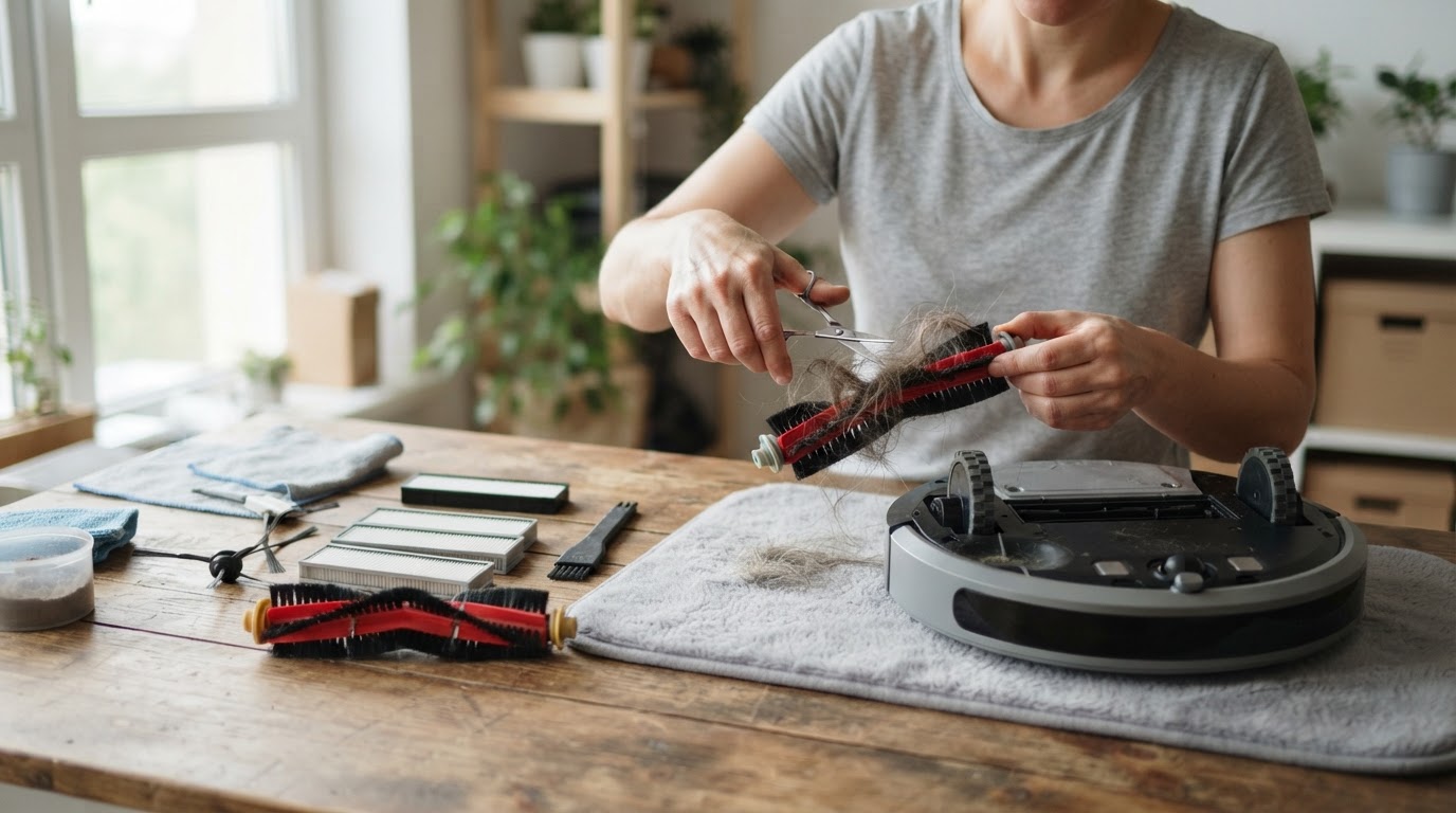 Entretien de la brosse d'un aspirateur robot Personne retirant des cheveux de la brosse d'un aspirateur robot avec des pièces de rechange