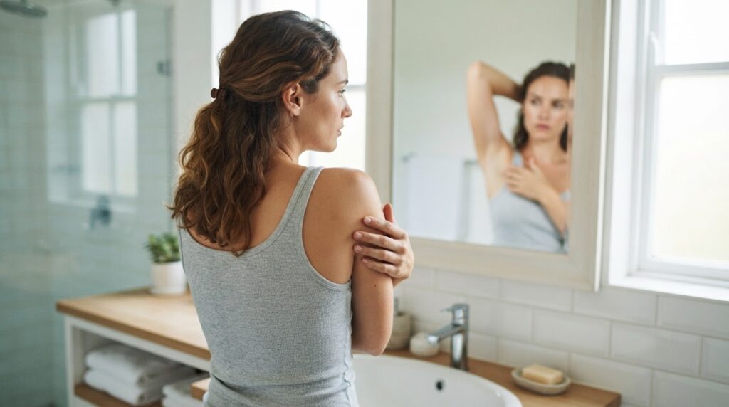 Épilation définitive en salle de bain Femme de dos vérifiant la peau lisse de son épaule dans un miroir de salle de bain