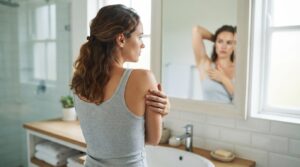 Femme de dos vérifiant la peau lisse de son épaule dans un miroir de salle de bain
