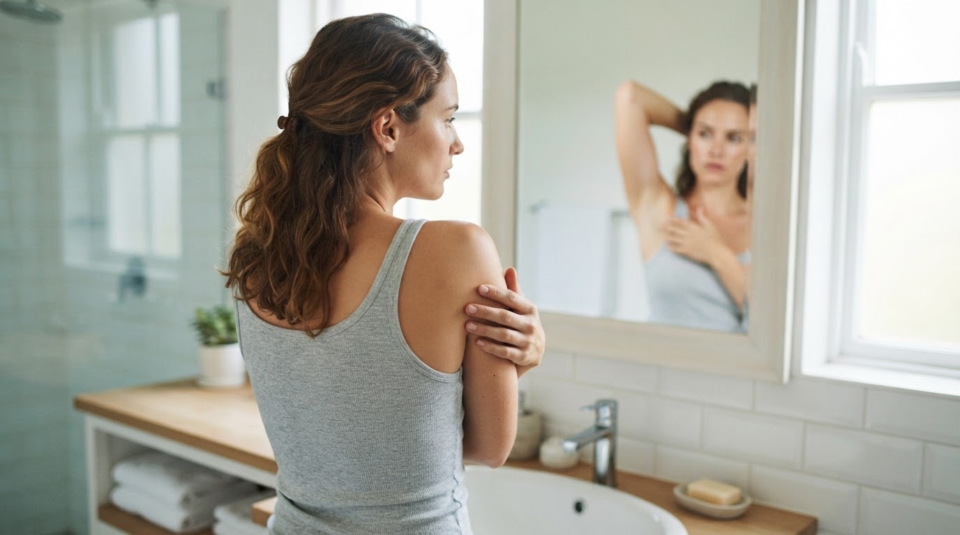 Femme de dos vérifiant la peau lisse de son épaule dans un miroir de salle de bain