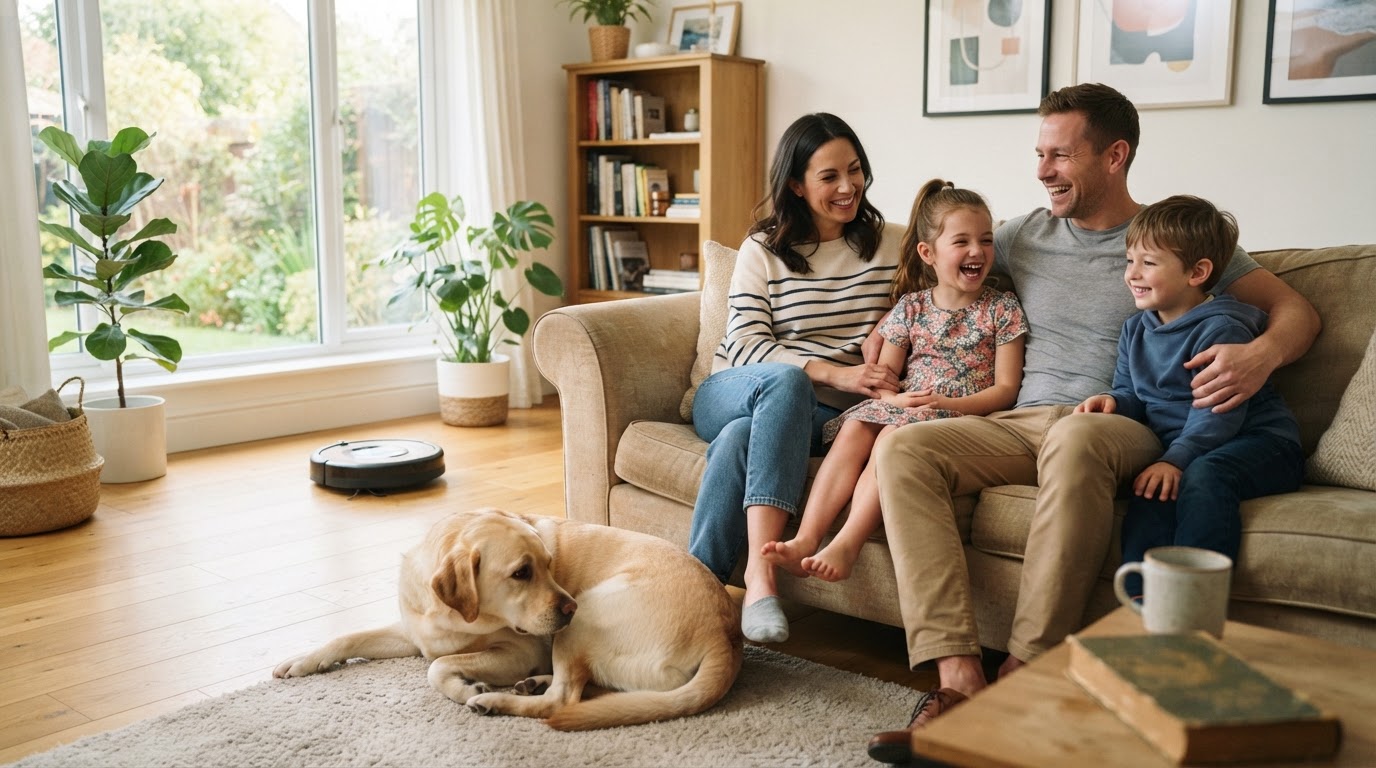 Famille, chien et robot aspirateur au salon Famille avec un labrador dans un salon lumineux pendant que le robot aspire