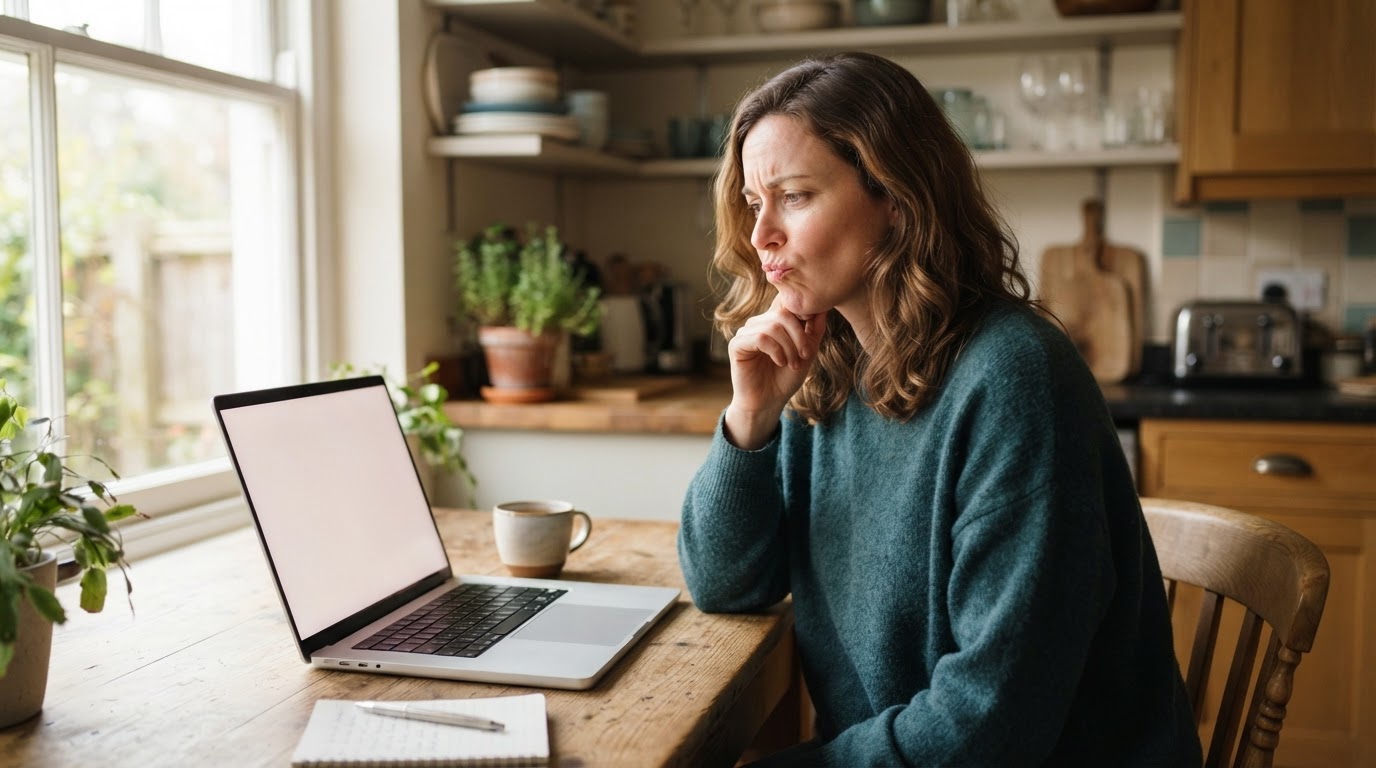 Femme assise à une table lisant des avis en ligne sur un ordinateur portable