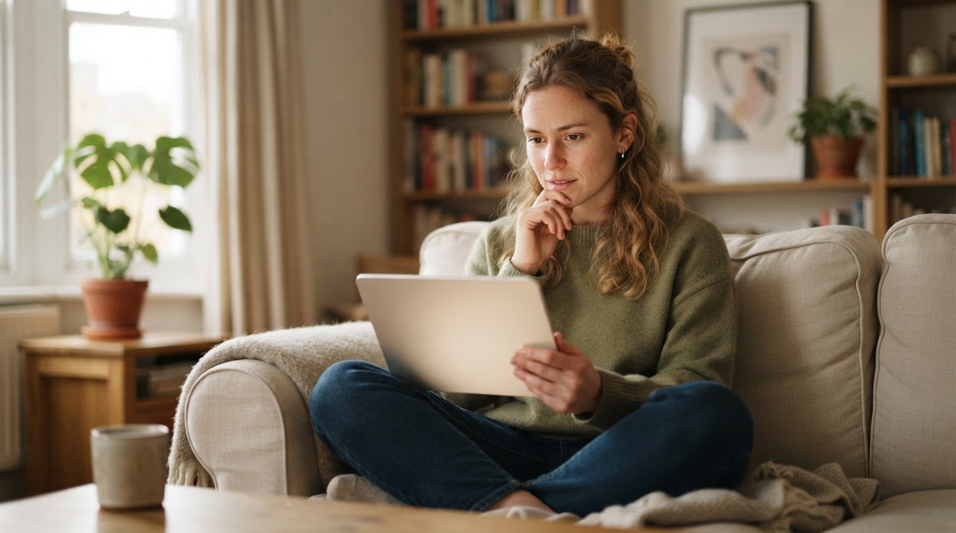 Femme installée sur un canapé consultant des avis sur une tablette numérique