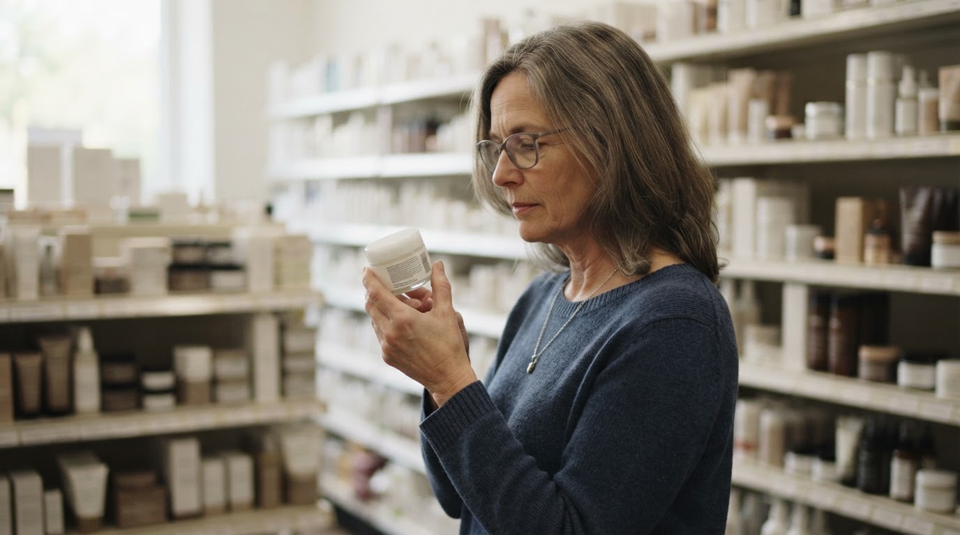 Vérifier la composition avant d'acheter Femme lisant la composition d'un pot de crème en rayon cosmétique