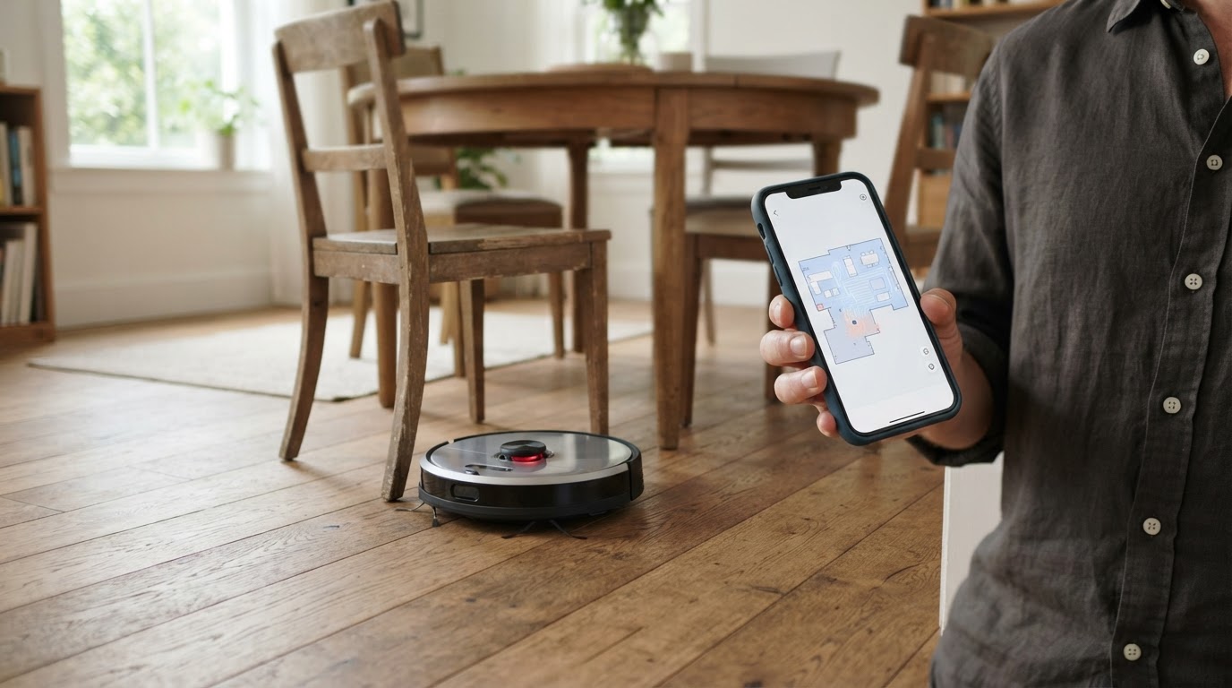 Robot aspirateur avec navigation laser en salle à manger Aspirateur robot à tourelle laser contournant des pieds de chaise dans une salle à manger