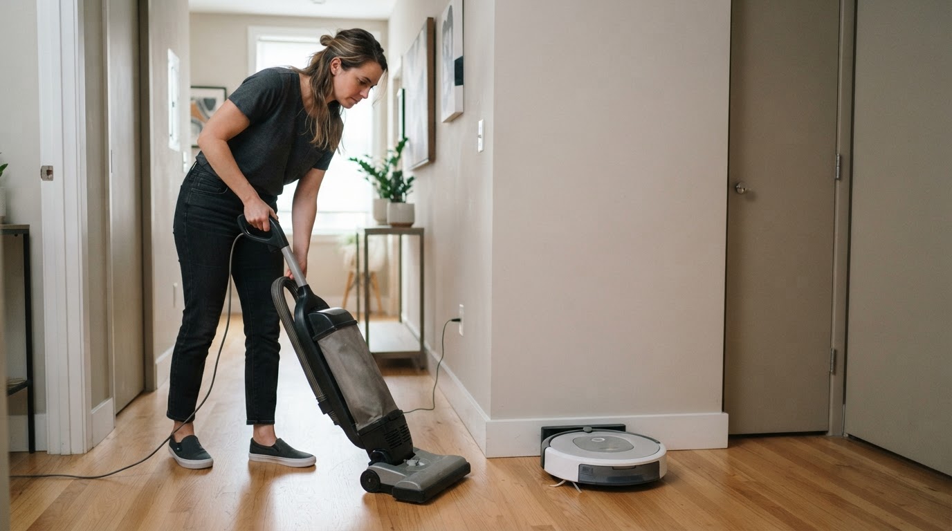Robot et aspirateur traîneau côte à côte Aspirateur robot et aspirateur classique côte à côte dans un couloir d'appartement