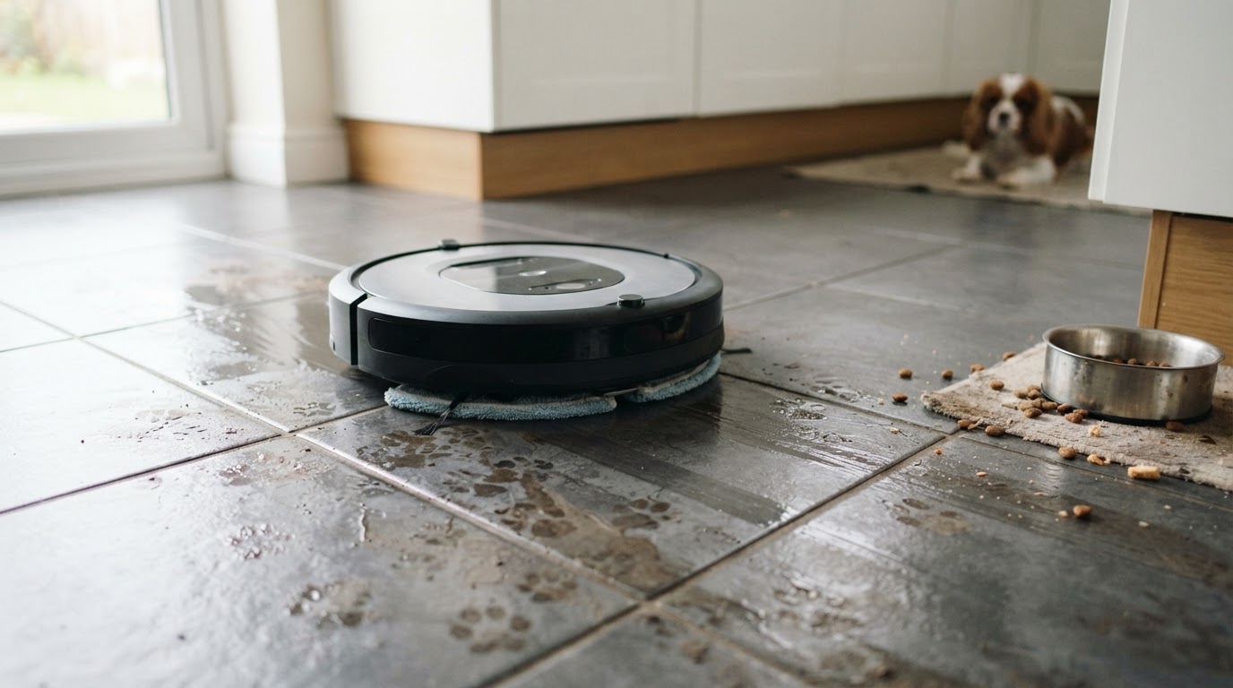 Robot laveur et traces de pattes sur carrelage Robot laveur passant sur un carrelage de cuisine avec traces de pattes et croquettes