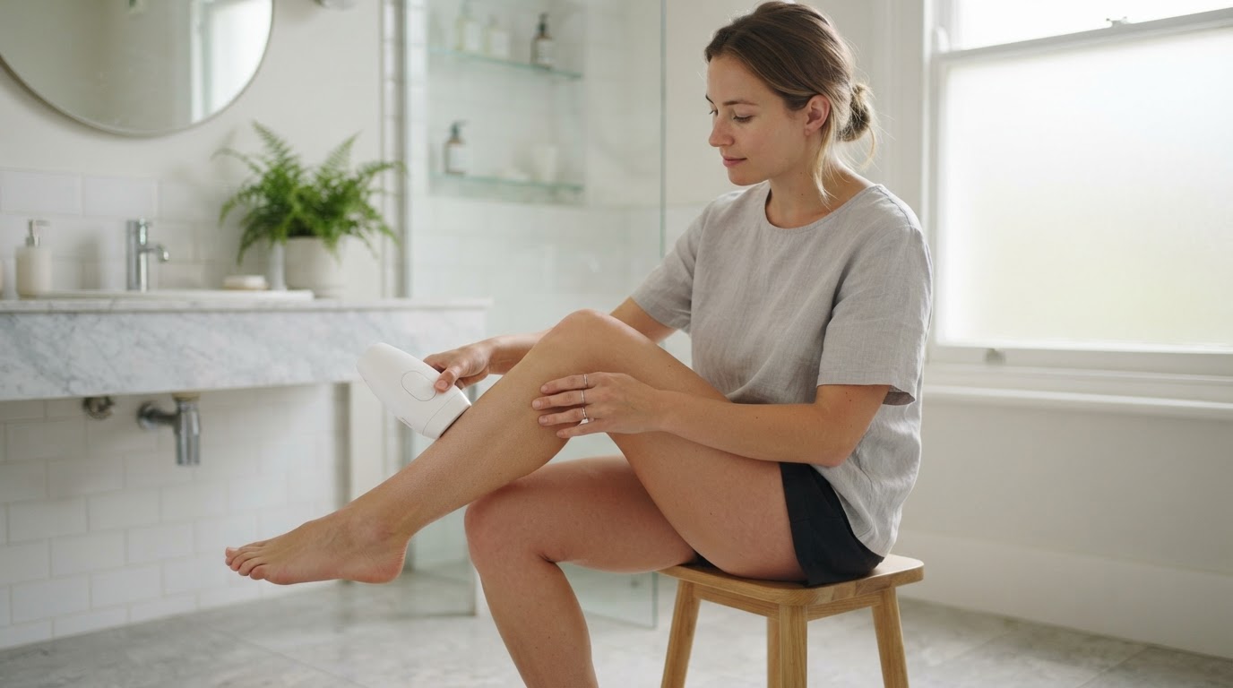 Femme appliquant un épilateur à lumière pulsée sur le mollet dans une salle de bain