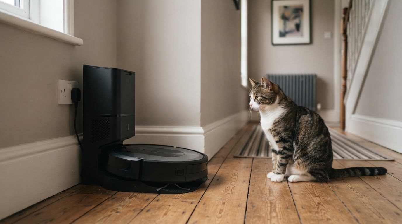 Station de vidage et chat curieux Robot aspirateur sur sa station de vidage dans un couloir avec un chat curieux
