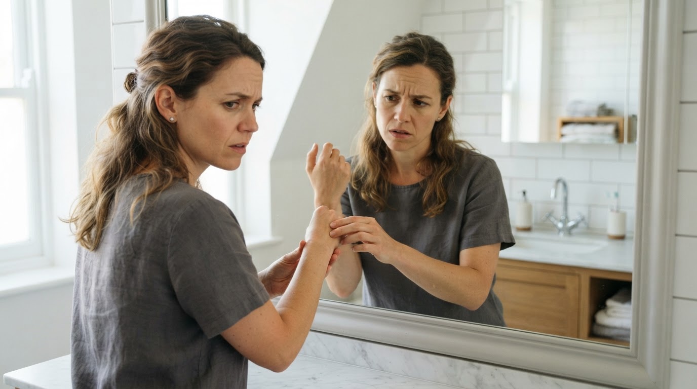 Femme examinant la peau de son avant-bras devant un miroir de salle de bain